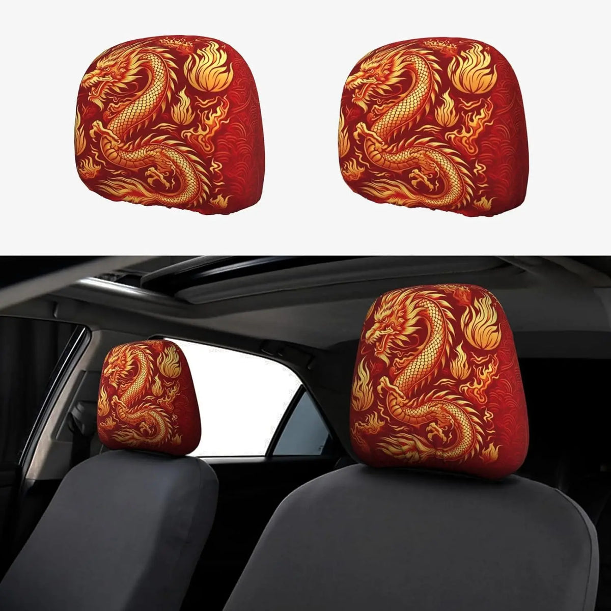 Asian Dragon Gold Car Headrest Covers – 2 Pack Universal Fit Car Headrest Covers HIP 1