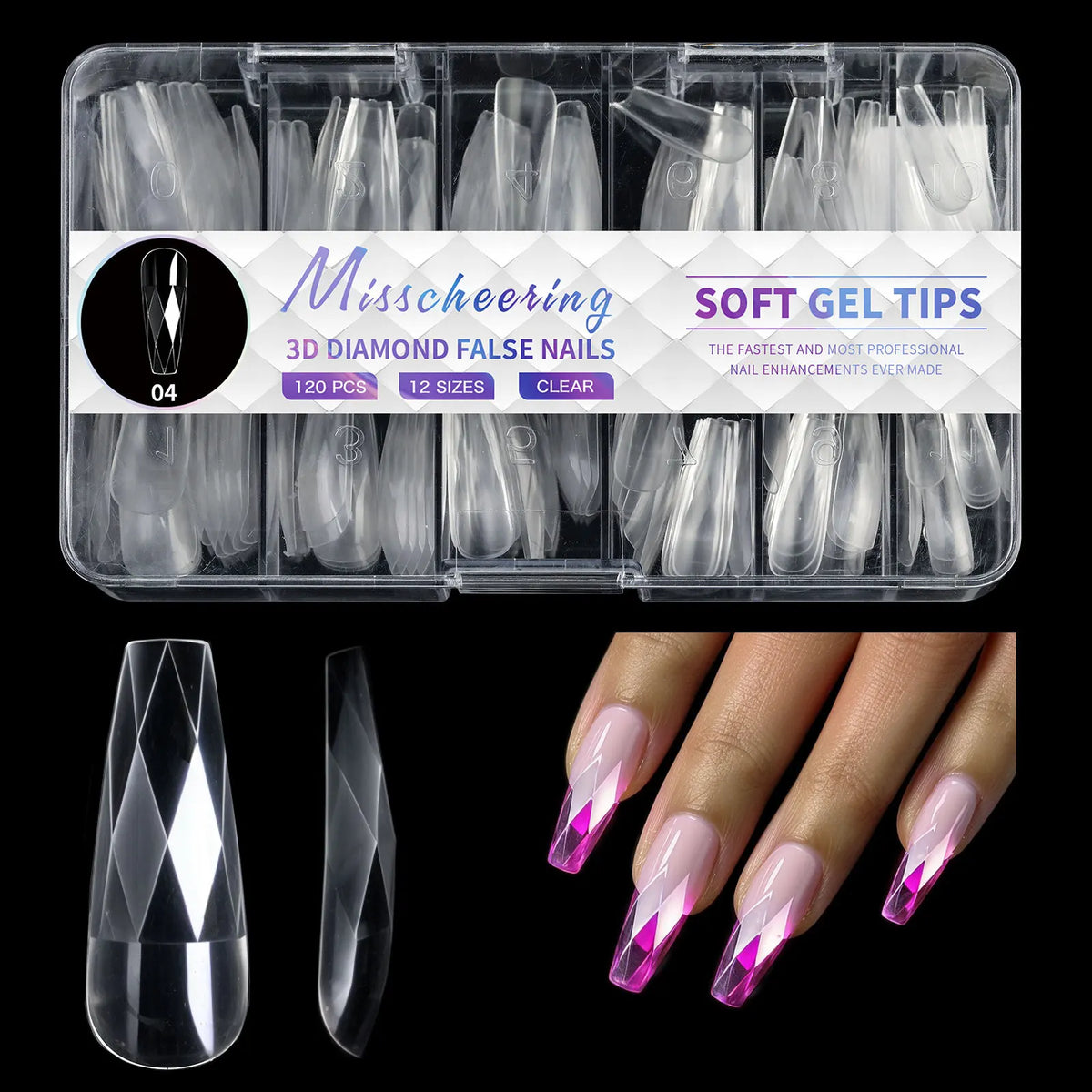 3D Diamond 120/140pcs Square Almond Coffin Nail Extension Tips Natural Clear Full Cover Nails Dual Form Soft Gel Nail Tips HIP 04