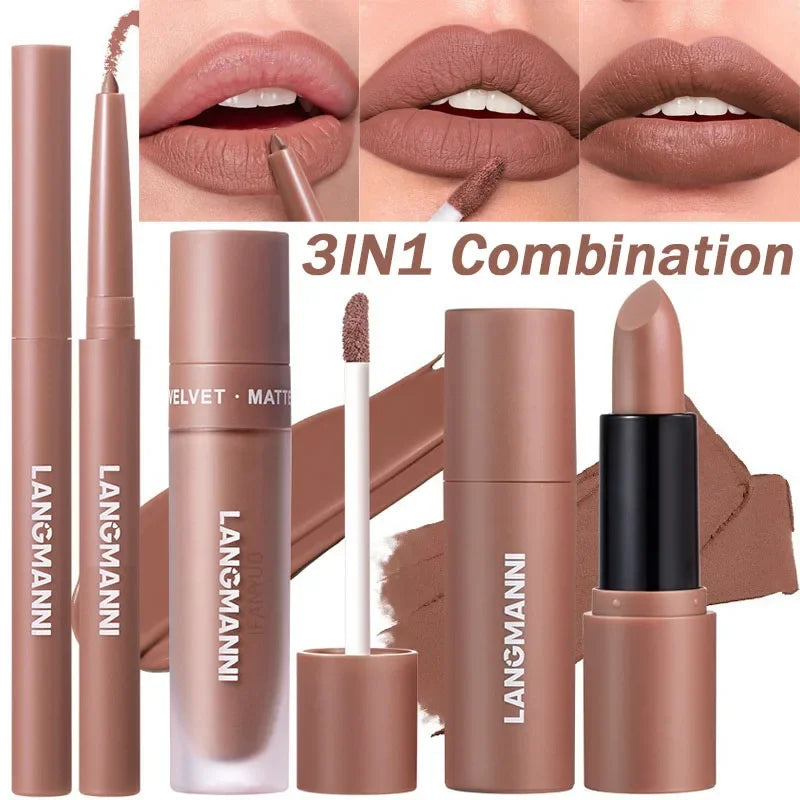3PCS Matte Lipstick Set Nude Brown Velvet Liquid Lip Gloss Waterproof Non-stick Cup Lip Liner Plumper 24HR Lasting Not Easy Fade HIP