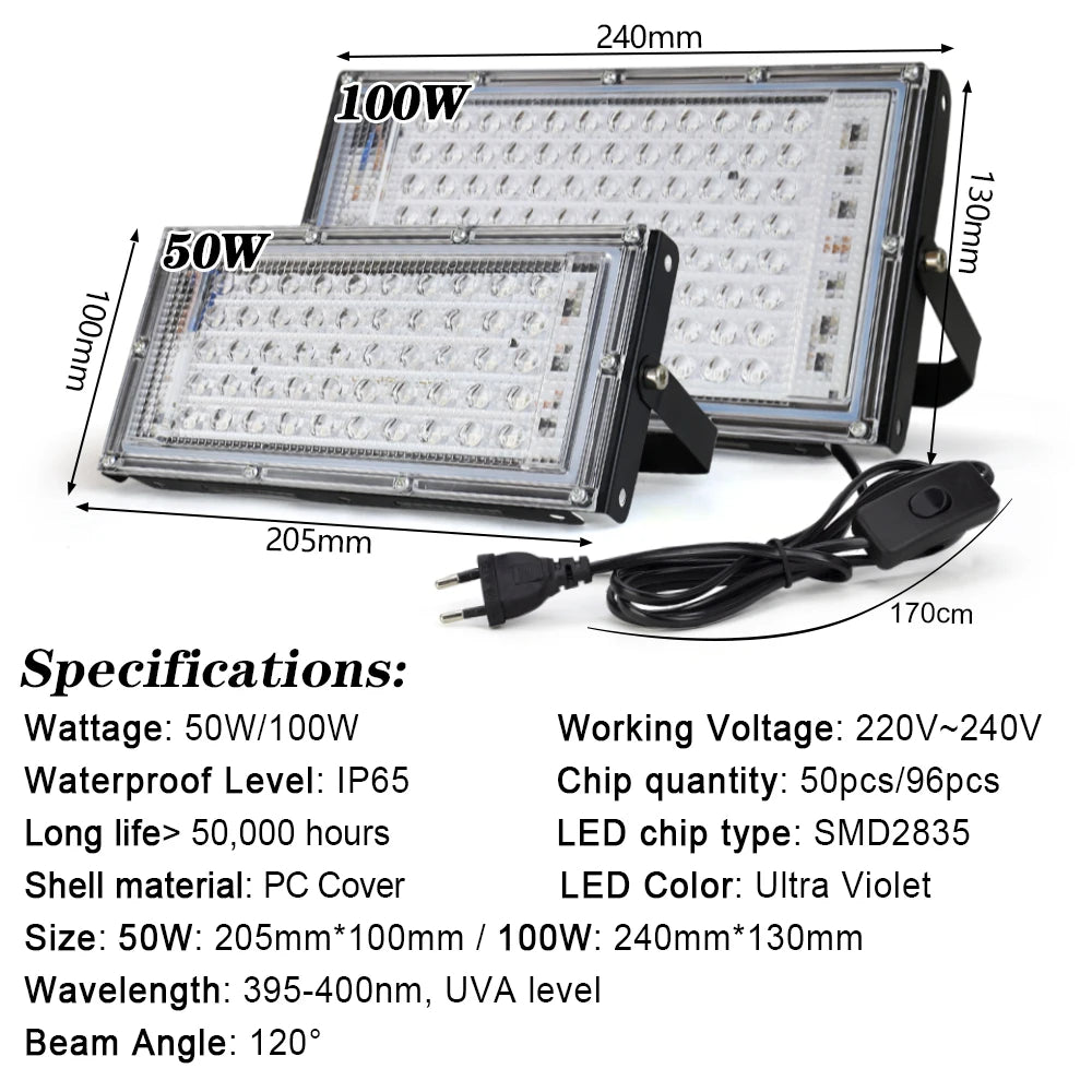 UV LED Flood Light 50W 100W 150W Outdoor Blacklight 395nm UV LED Floodlight HIP