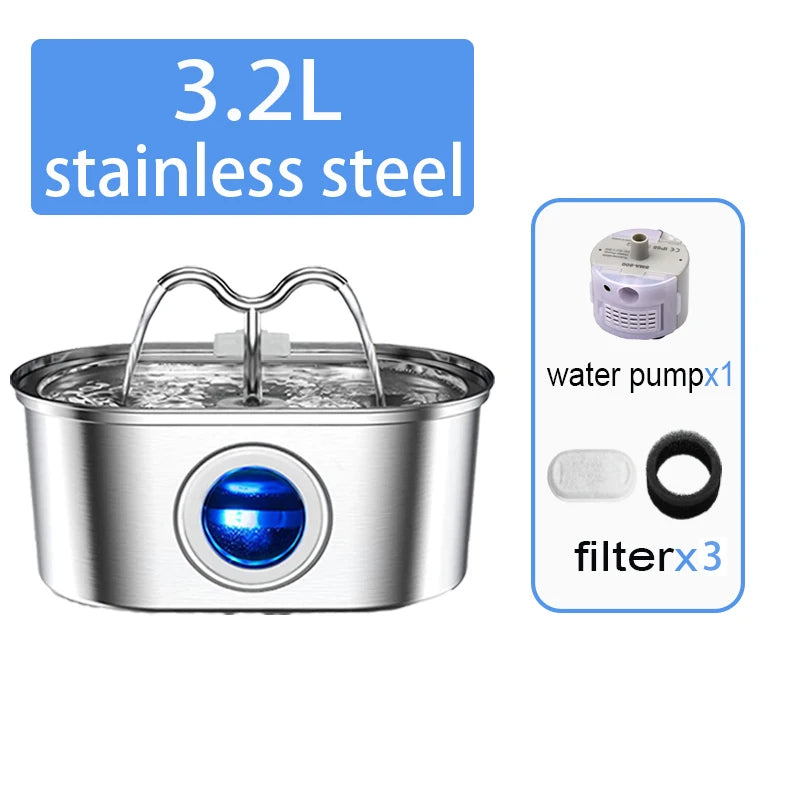 3.2L Pet Water Feeder With Transparent Window Silent Filter With Faucet Stainless Steel Automatic Dog Drinking Fountain HIP fountain-3filter