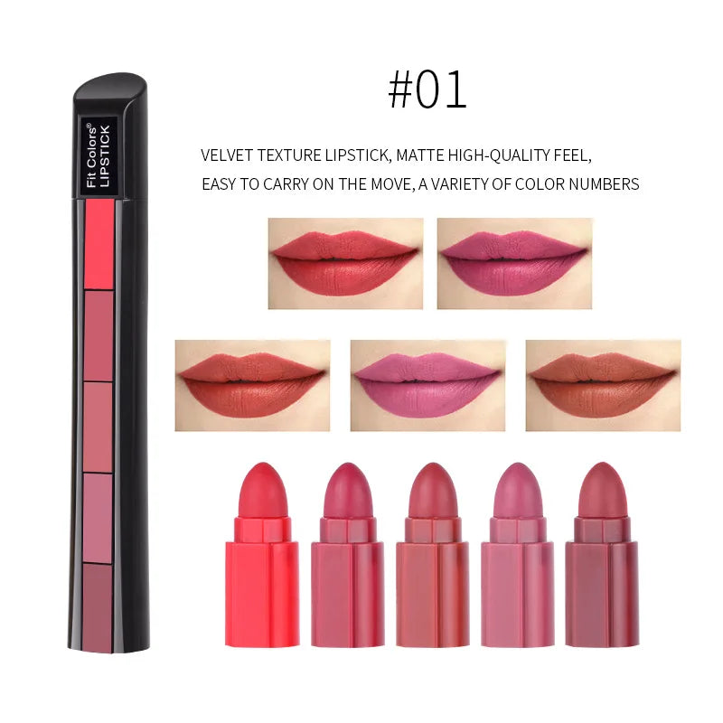 Fit Colors 5-in-1 Matte Velvet Lipstick Set – 5 Shades Matte Lipstick Set HIP 01 1.2gx5 Full Size