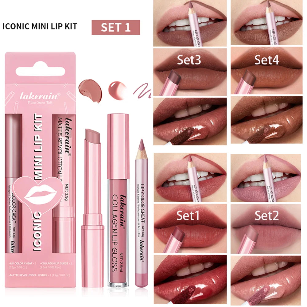 3 in 1 Lipstick Lip Liner Lip Gloss Set Easy Coloring Moisturizing Lip Sticks Suitable for All Occasions Lip Makeup Cosmetic Gif HIP