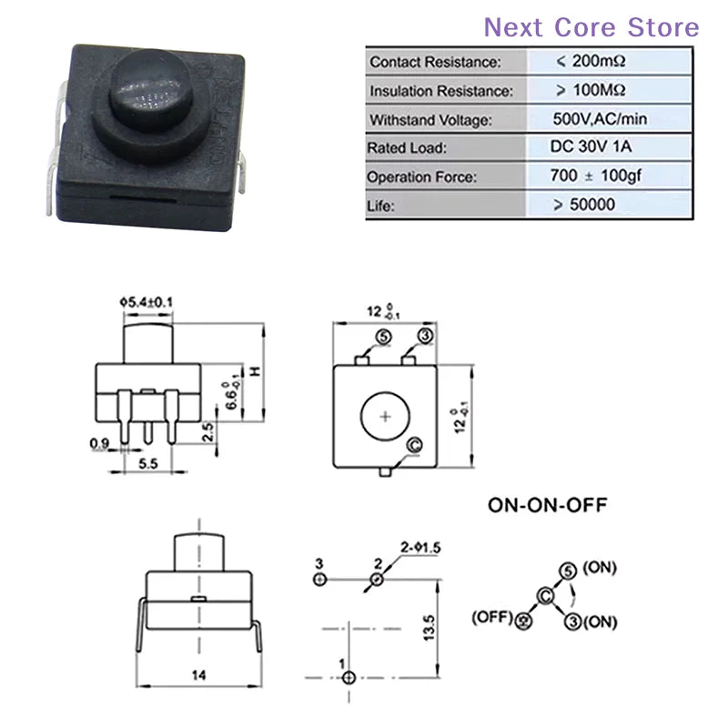 10-Pack 12x12mm Self-Locking Button Switch – 3-Pin 2-ON/1-OFF Electronic Switch HIP