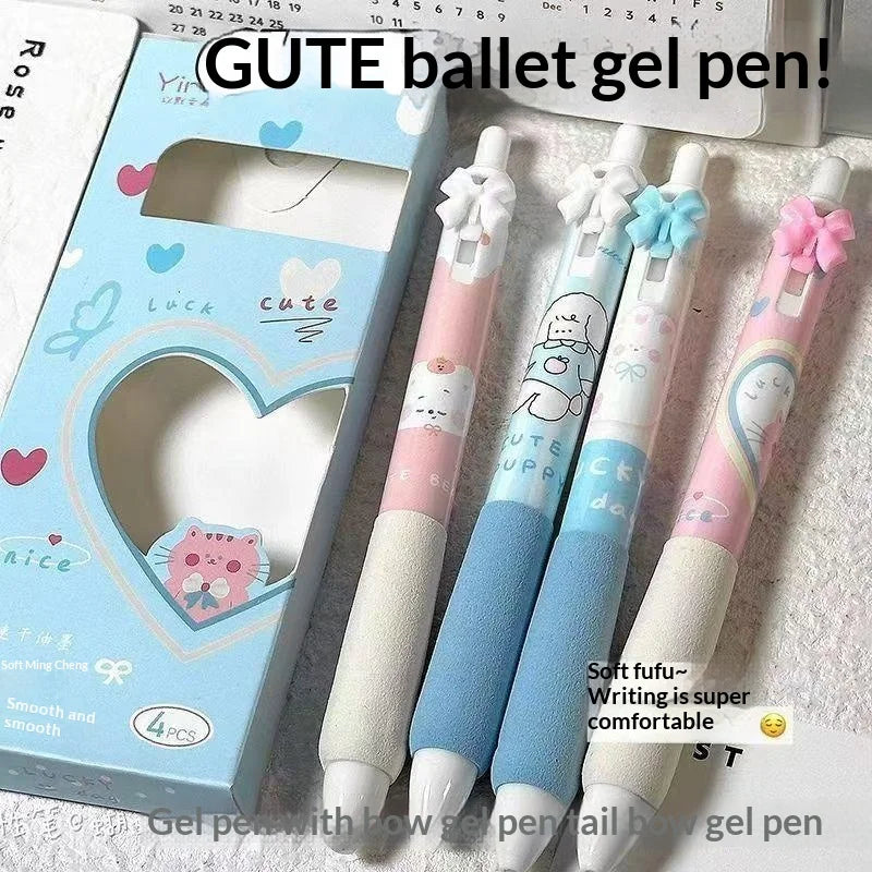 4-Pack Bow Press Gel Pens – 0.5mm Cartoon Quick-Dry Ink Cartoon Gel Pen Set HIP A2