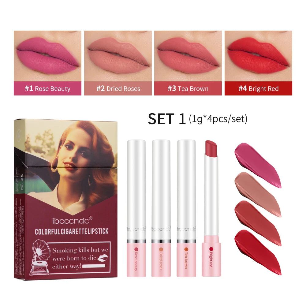 4 pcs/set Cigarette Lipstick Set Long Lasting Lip Glaze Matte Lip Gloss Waterproof Lip Stick Tube Nude Lip Tint Makeup Cosmetics HIP 4colors 2