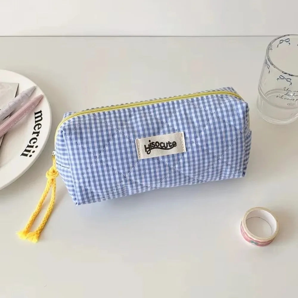 Large Capacity Checkered Pencil Case & Makeup Storage Bag Pencil Case HIP Blue