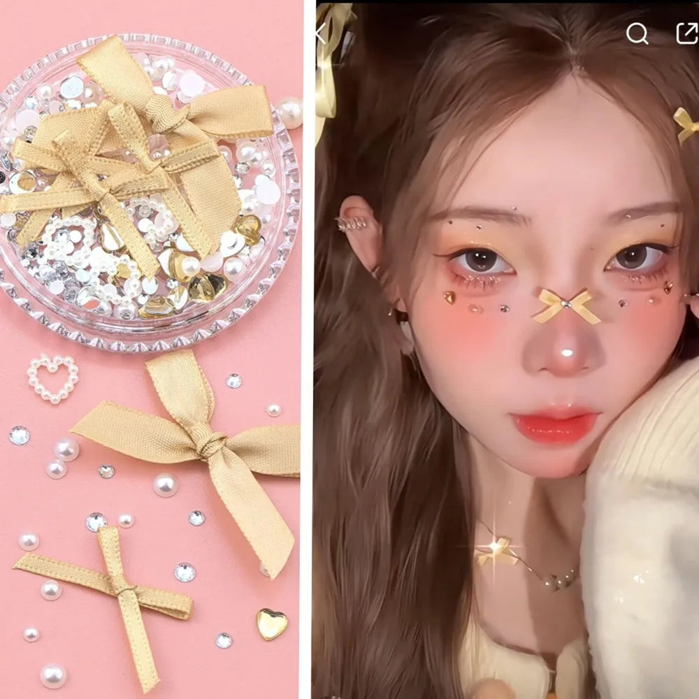 1 Box Sweet Face Jewelry Decoration Rhinestone 3D Bow Love Crystal Diamond Pearl Safe Nail Hair Accessories Festival Face Makeup HIP 163