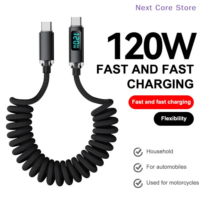 120W USB-C Retractable Fast Charging Cable – Spring Coil USB-C Charging Cable HIP