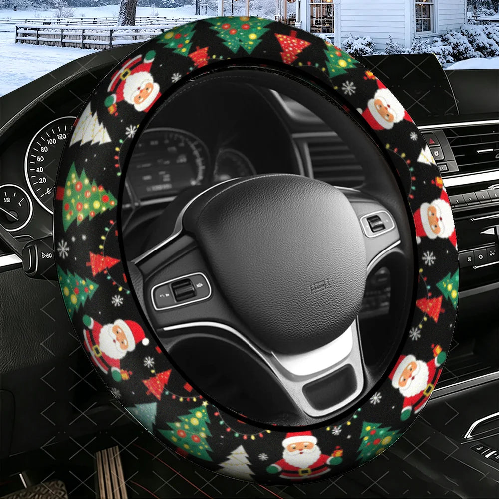 15" Christmas Steering Wheel Cover – Santa & Tree Design Steering Wheel Cover HIP black