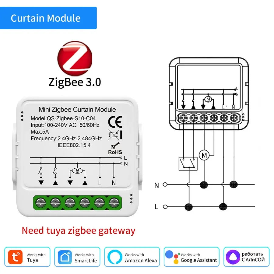 Tuya WiFi Zigbee Smart Curtain Switch Module Blinds Roller Shutter Electric Motor Smart Life APP Voice Control Alexa Google Home HIP Zigbee3.0