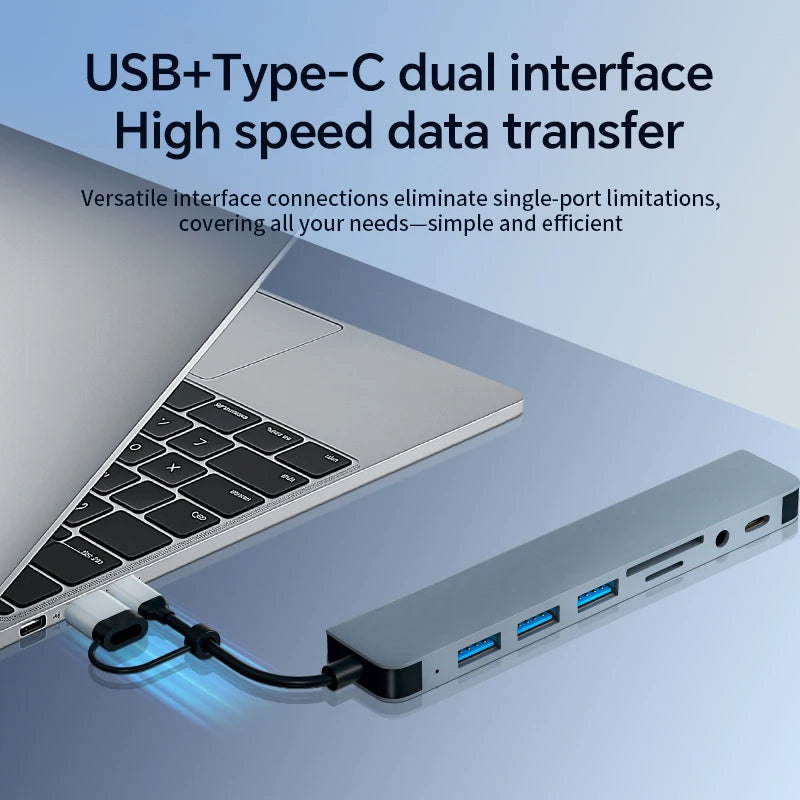 8 In 2 USB HUB With Splitter Card Reader, USB C Port, USB 3.0 / 2.0, SD/TF Splitter Card Reader, Docking Station HIP
