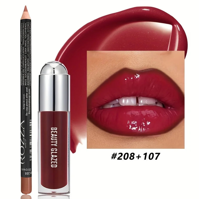 2Pcs Lip Gloss & Lip Liner Set Lip Kit Natural Nude Lip Glow Waterproof Longlasting Lip oil Liquid Lipstick Lip Liner Combo HIP SET2
