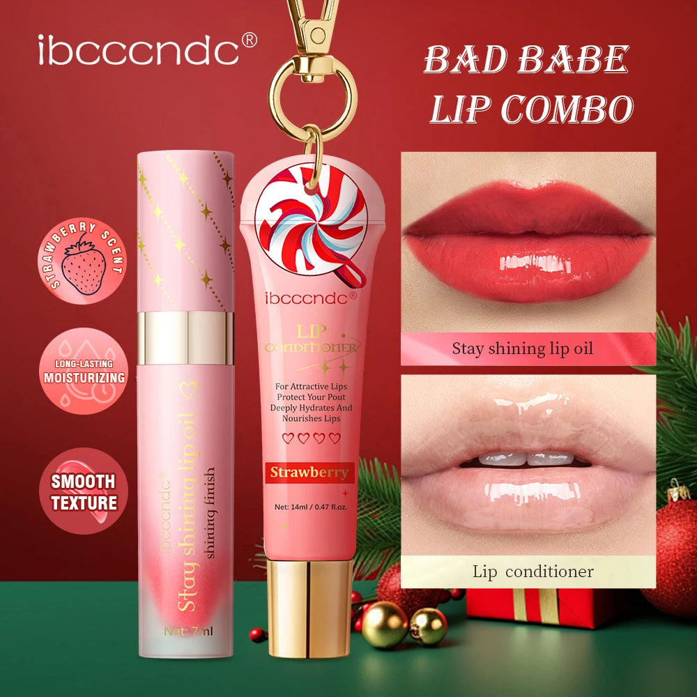 2pcs Bad Girl Glossy Christmas Lip Gloss Set Strawberry Lip Balm and Lip Gloss Combo Long-Lasting Hydrating Plump Lips Christmas HIP