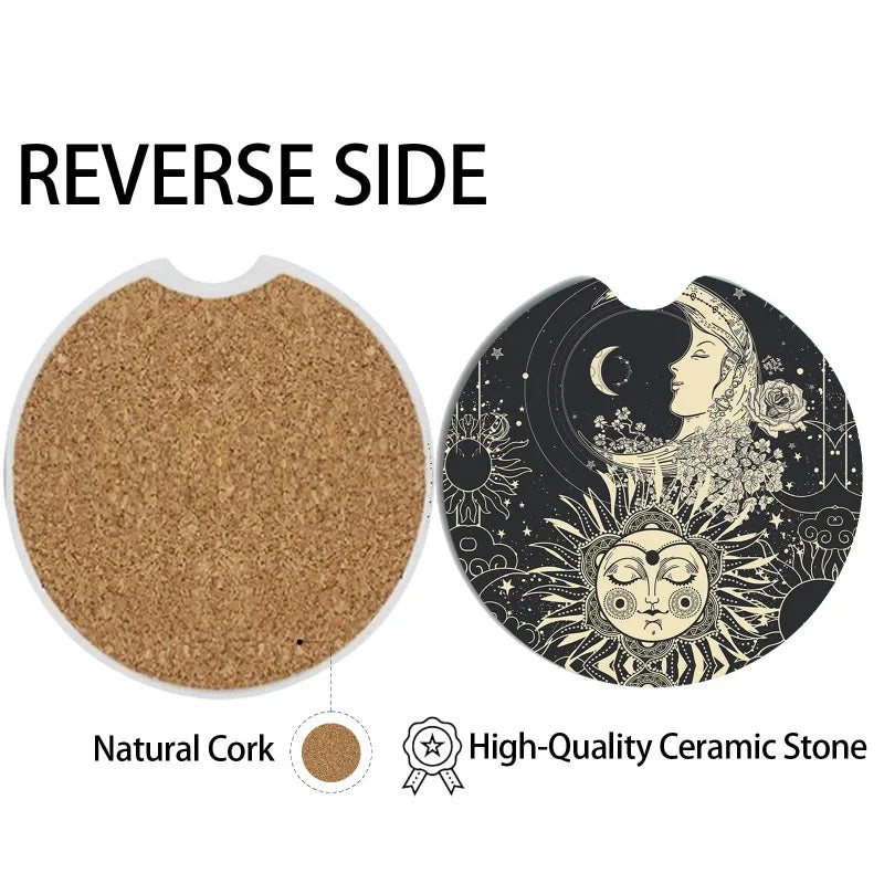 2-Pack Vintage Celestial Ceramic Car Coasters | Sun & Moon Ceramic Car Coasters HIP