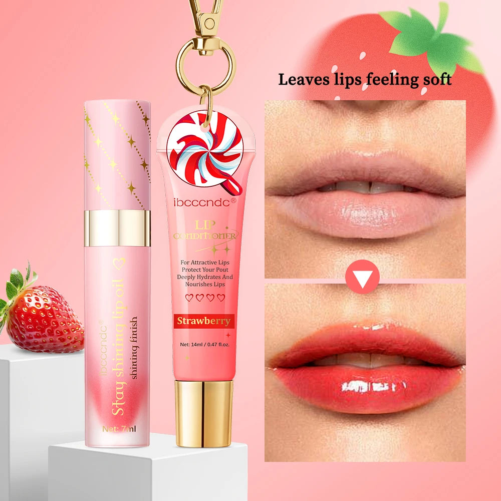 Lip Oil and Lip Stain Set Strawberry Flavor Watery Glossy Clear Lip Gel Hydrating Moisturizing Lip Gloss Women Lips Cosmetic Mak HIP