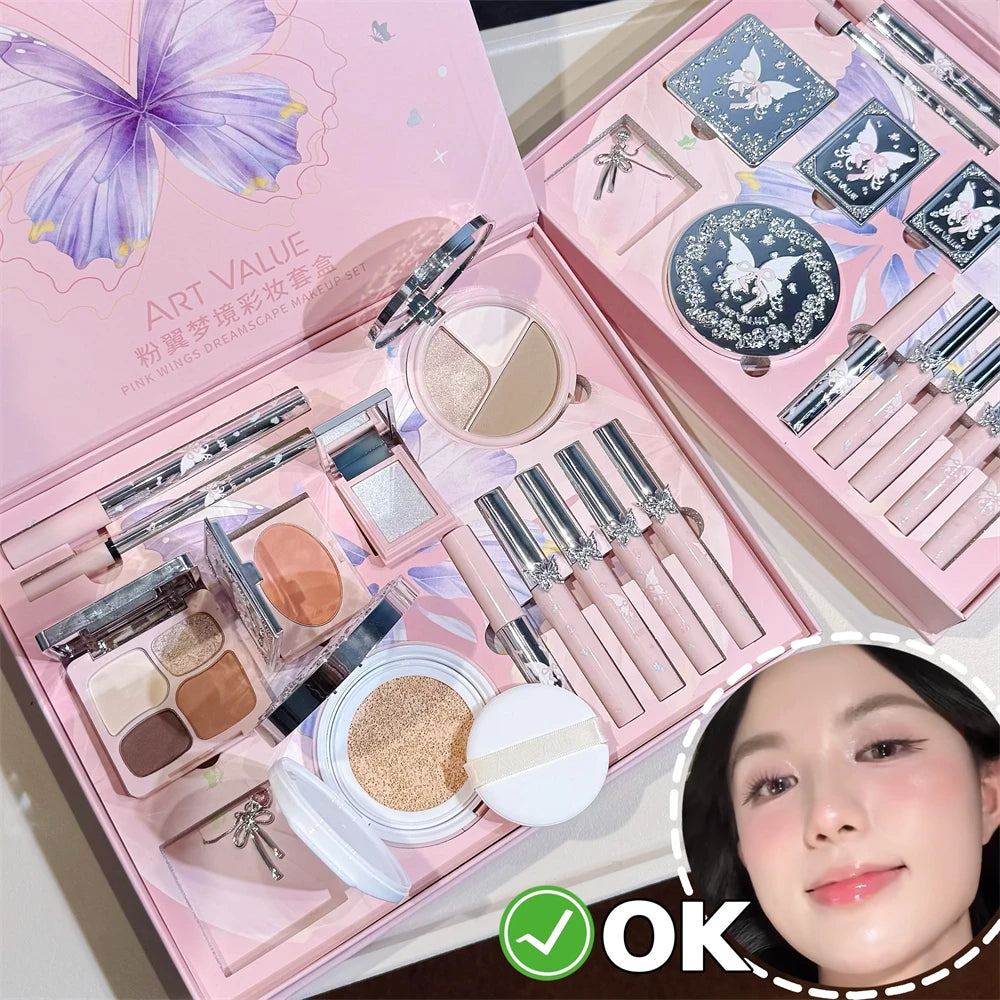 13Pcs Full Face Makeup Kit Butterfly Eyeshadow Blush Highlighter Contour Lip Mud Air Cushion Eye Brow Gel Mascara Necklace Gift HIP