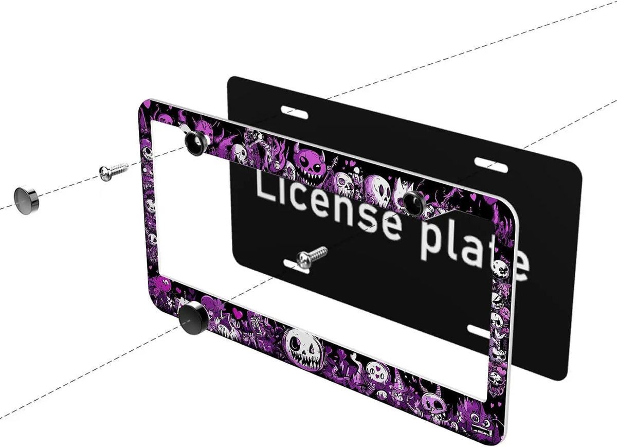 2PCS Kawaii Demon License Plate Frames – Purple Monster Doodle License Plate Frame HIP