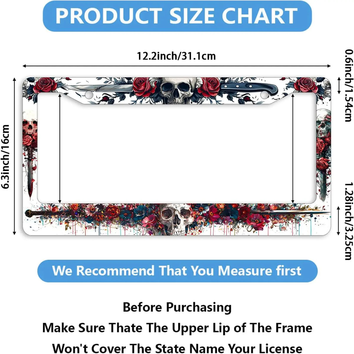 Skull & Rose Stainless Steel License Plate Frame – Gothic Car License Plate Frame HIP