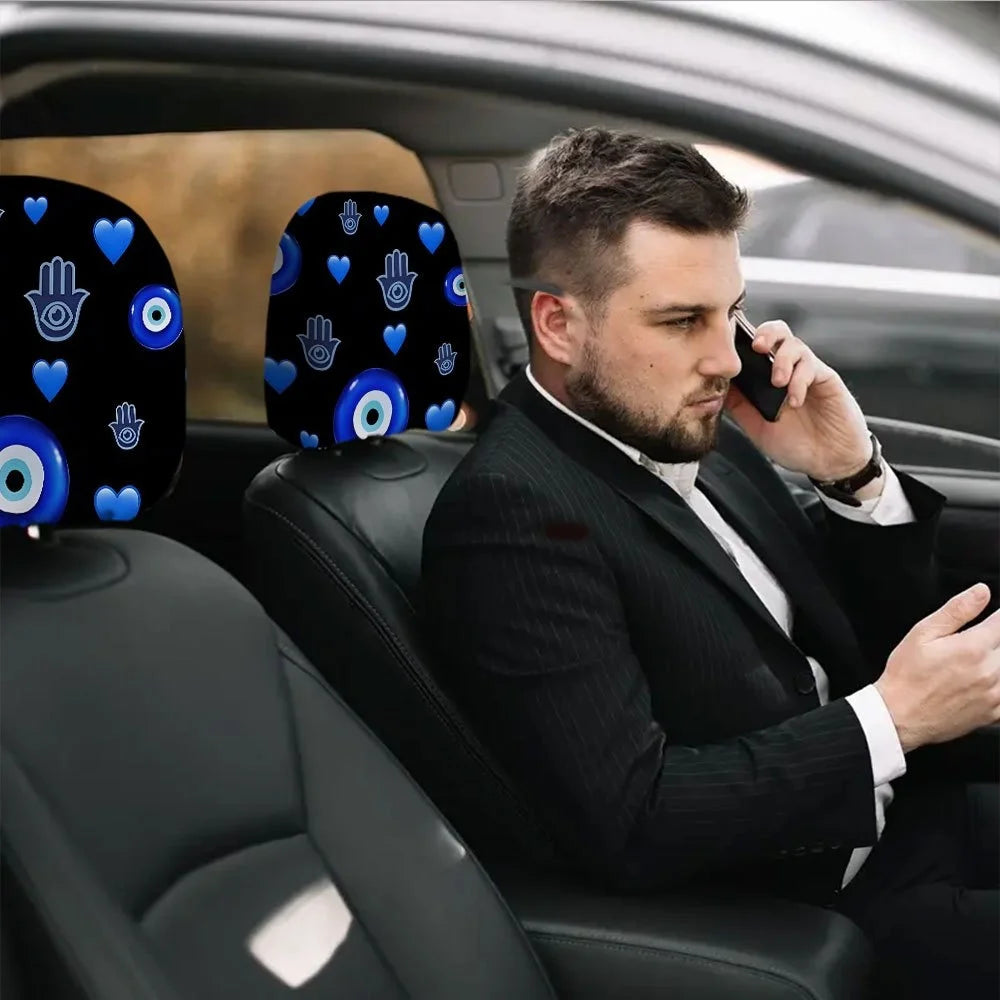 2-Pack Blue Evil Eye Car Headrest Covers | Elastic Fit Car Headrest Cover HIP