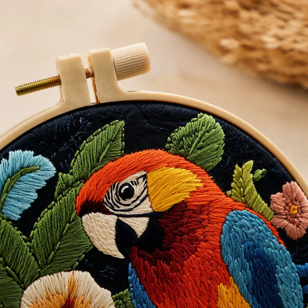 DIY Parrot Embroidery Set Embroidery Supplies with 15cm Bamboo Ring Animal Sewing Hobby Butterfly Bird Bee Adult Beginner Gift HIP