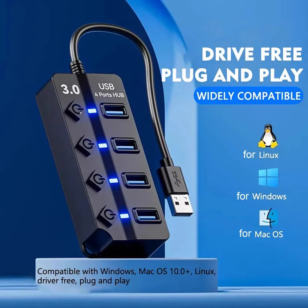 KEBIDUMEI 4-Port USB 3.0 Hub with Individual On/Off Switches USB Hub HIP