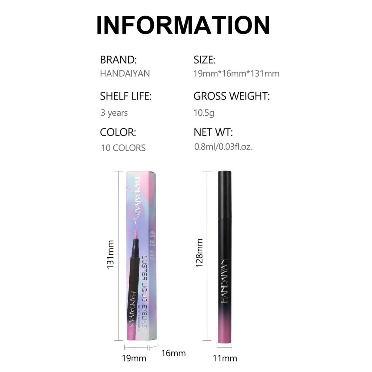 Handaiyan Glitter Metallic Liquid Eyeliner – Waterproof, 10 Colors Liquid Eyeliner HIP