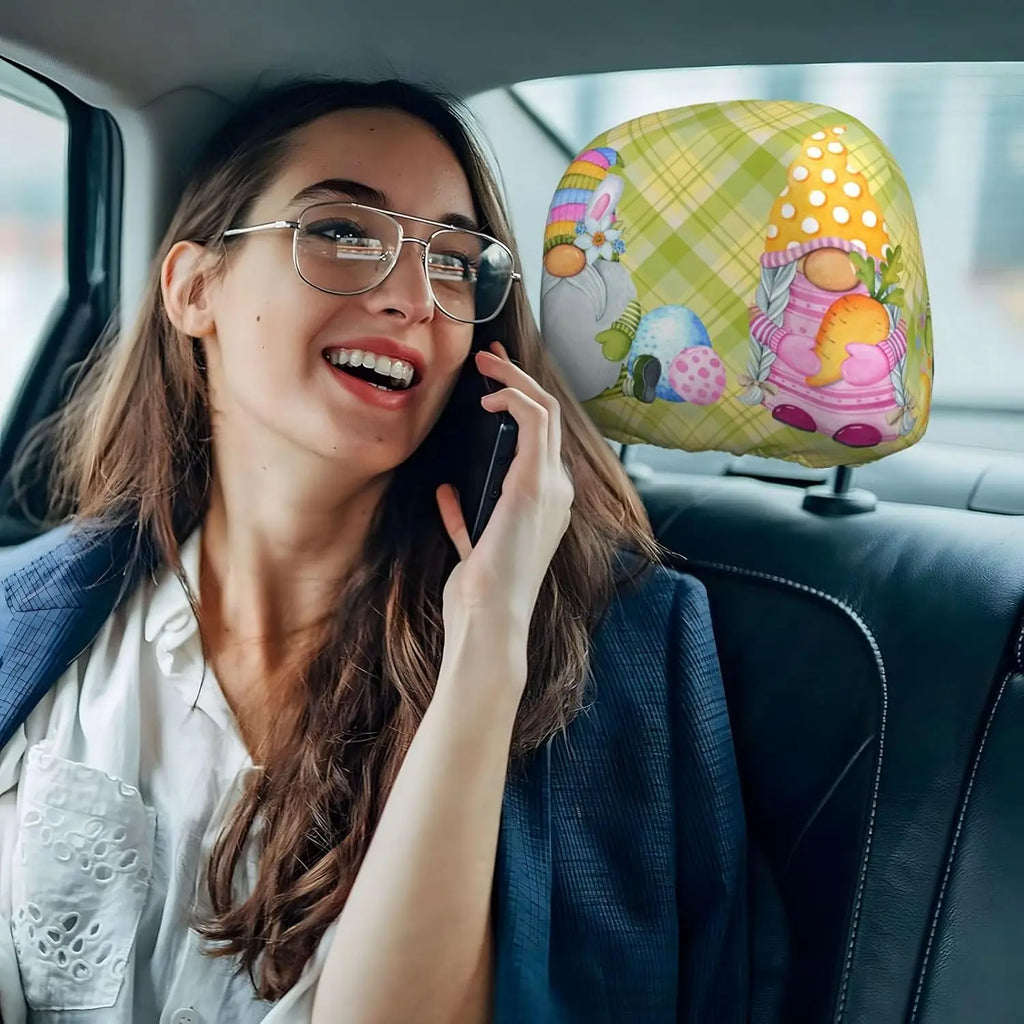 2-Pack Easter Gnome Gingham Car Headrest Covers | Universal Fit Car Headrest Cover HIP