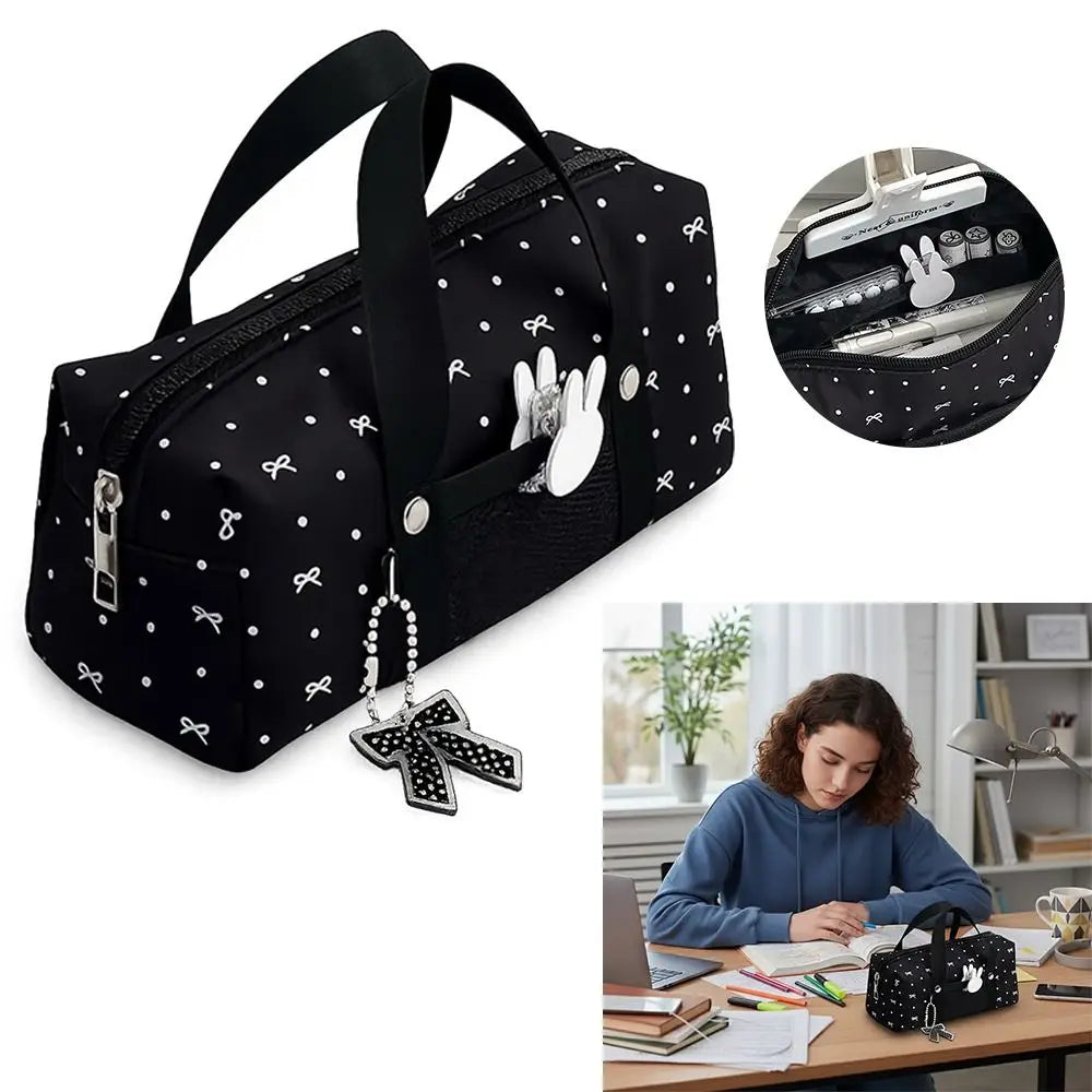 Black Polka Dot Bow Pencil Case – Large Capacity Canvas Bag Pencil Case HIP
