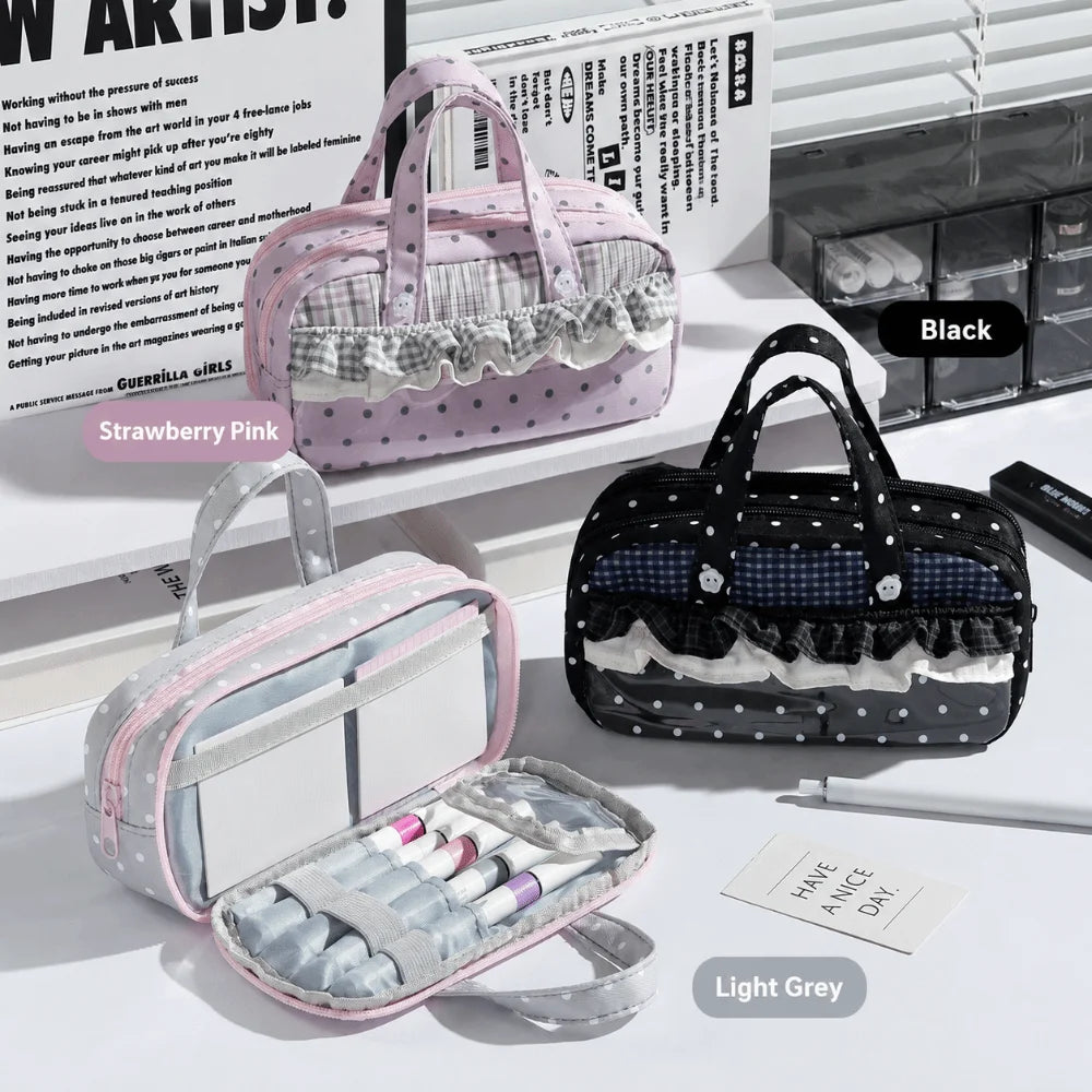 Kawaii Ruffle Lace Pencil Case – Polka Dot Multi-Layer Pouch Pencil Case HIP