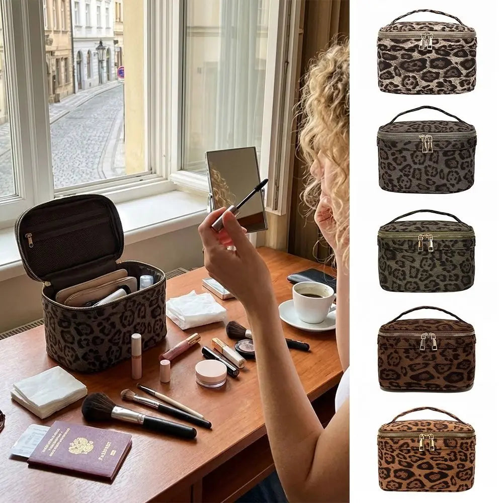 Vintage Leopard Print Large Makeup Bag – Faux Suede Travel Makeup Travel Bag HIP