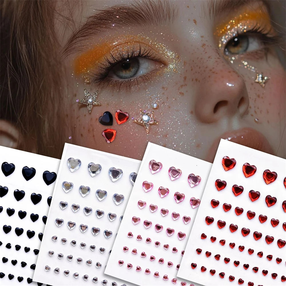 57Pcs/sheet Heart Rhinestone Face Jewels Stickers 3D Multicolor Self-Adhesive Gems For DIY Festival Party Eye & Face Makeup Deco HIP
