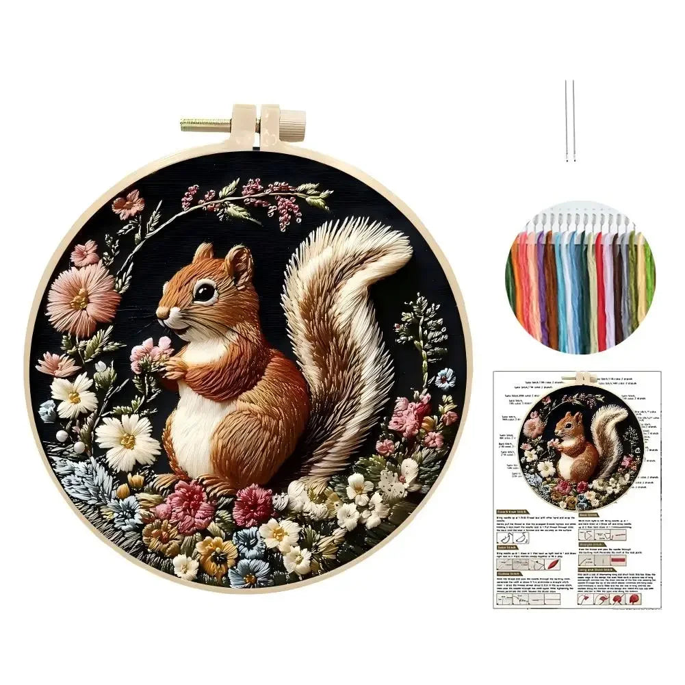 Animal Landscape Rural Squirrel DIY Embroidery Set Adult Beginners Handmade Embroidery Set Accessories Gifts HIP with 20cm hoop