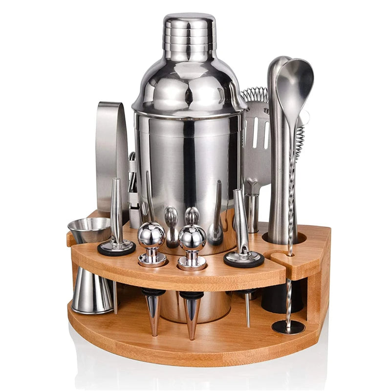 12-Piece Stainless Steel Cocktail Shaker Bartender Kit & Wooden Rack Cocktail Shaker Set HIP