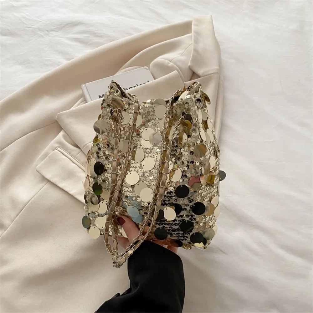 Shiny Sequin Bucket Bag – Chain Strap Crossbody | Korean Style Sequin Crossbody Bag HIP Gold