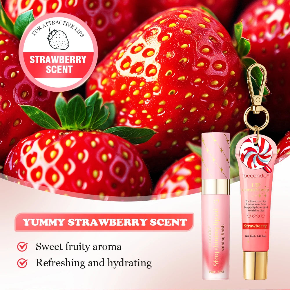Strawberry Scent Lip Gloss Duo Combo with Keychain Long Lasting Nourish Plumper Lip Cosmetics Christmas Gift HIP