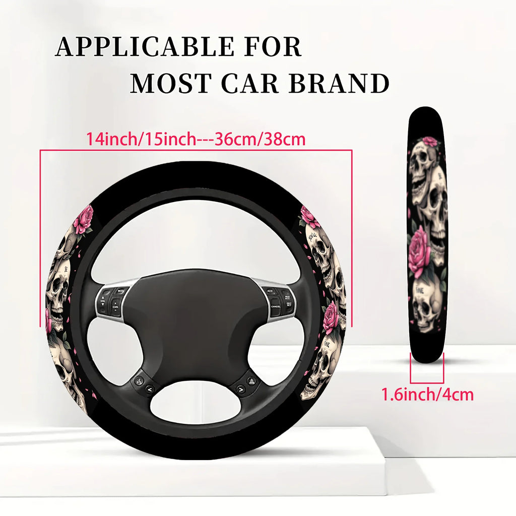 Skull Rose Elastic Car Steering Wheel Cover – 15" Universal Steering Wheel Cover HIP