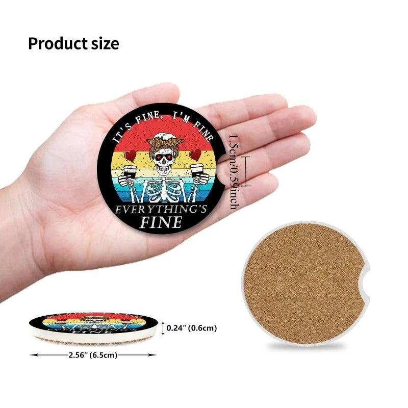 2-Pack Retro Skeleton Car Cup Holder Coasters – 2.56" Car Cup Holder Coasters HIP