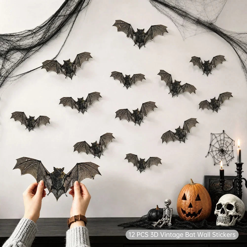 Realistic Horror Halloween Home Window Wall Indoor Party DIY Decor Halloween Bat Decals 12Pcs 3D Vintage Bat Wall Stickers HIP 12Pcs