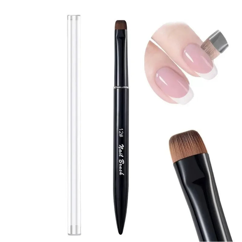 French Tip Nail Painting Brush Metal Handle Flat Round Head Manicure Tool Gel Polish Application Nail Surface Cleaning DIY Nail HIP Black12