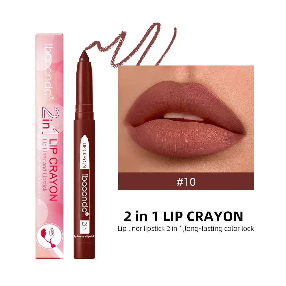 2-in-1 Lip Liner Waterproof Long Lasting Matte Lipstick Pencil Nude Pink Lips Outline Makeup Crayon Stick Lip Tint Line Cosmetic HIP 10