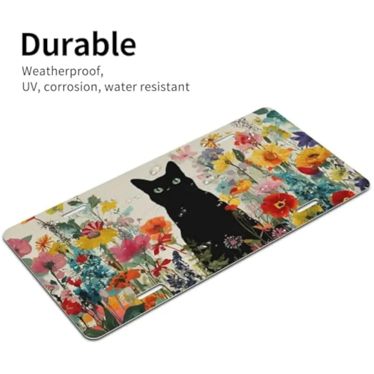 Black Cat in Flowers Aluminum License Plate Frame & Vanity Tag License Plate Frame HIP