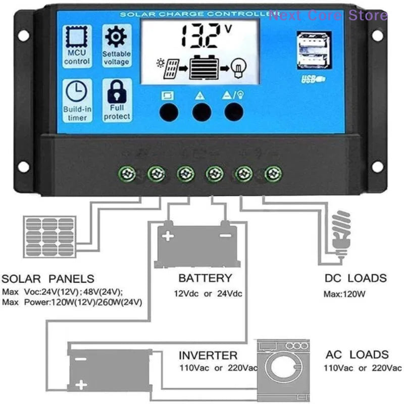 Solar Charge Controller 10A/30A PWM 12V/24V LCD Dual USB Solar Charge Controller HIP