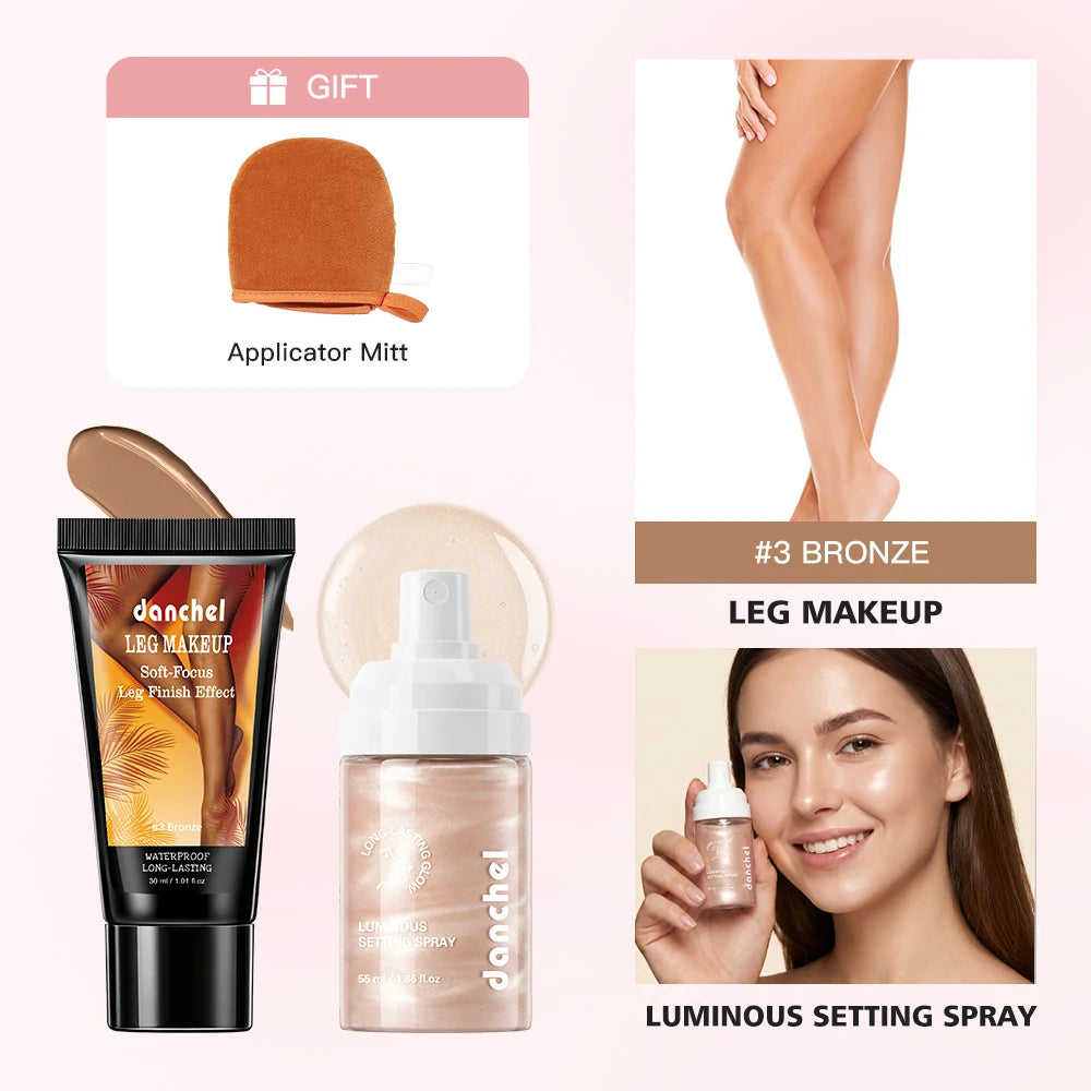 3Pcs Leg Makeup Set Brightening Setting Spray & Applicator Glove Medium Airbrush Body Foundation Waterproof Cover Scars Tattoo HIP 3Deep Brown