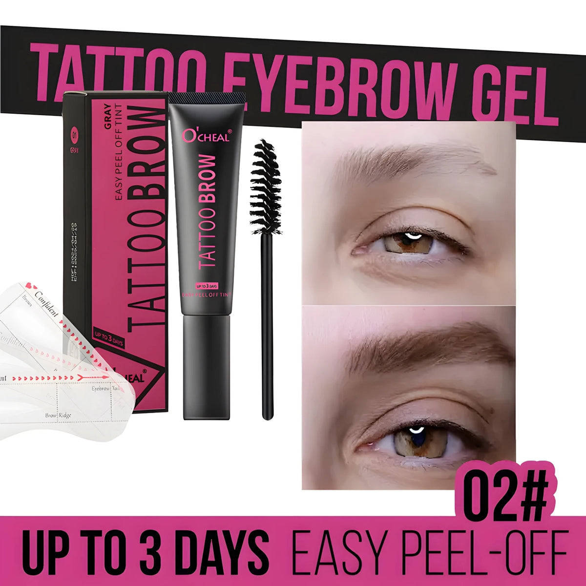 Waterproof Tattoo Brow Peel Off Tint with Stencils - Semi-Permanent Eyebrow Tint Lasts Up to 3 Days - Easy to Apply and Long-Las HIP Color02