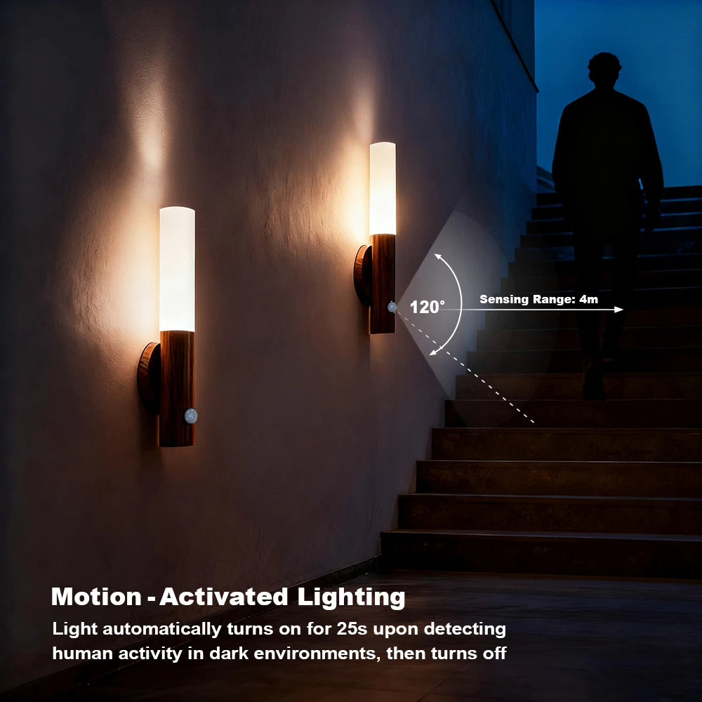 Magnetic LED Motion Sensor Wall Light – 360° Rotating Wood Lamp LED Wall Lamp HIP