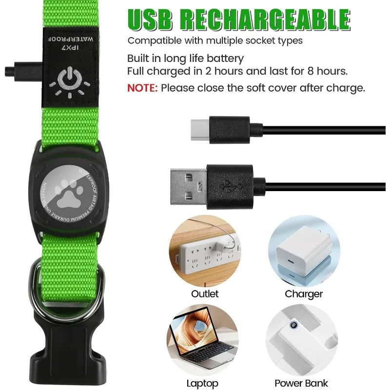 LED Rechargeable Dog Collar with AirTag Case – All Sizes LED Pet Collar HIP