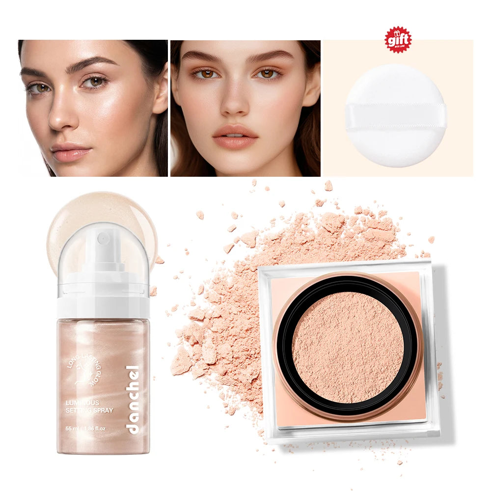 3pcs Luminous Setting Spray & Matte Setting powder Shimmery Liquid Long Lasting Multi-use Setting Makeup Kit Free Puff HIP set1