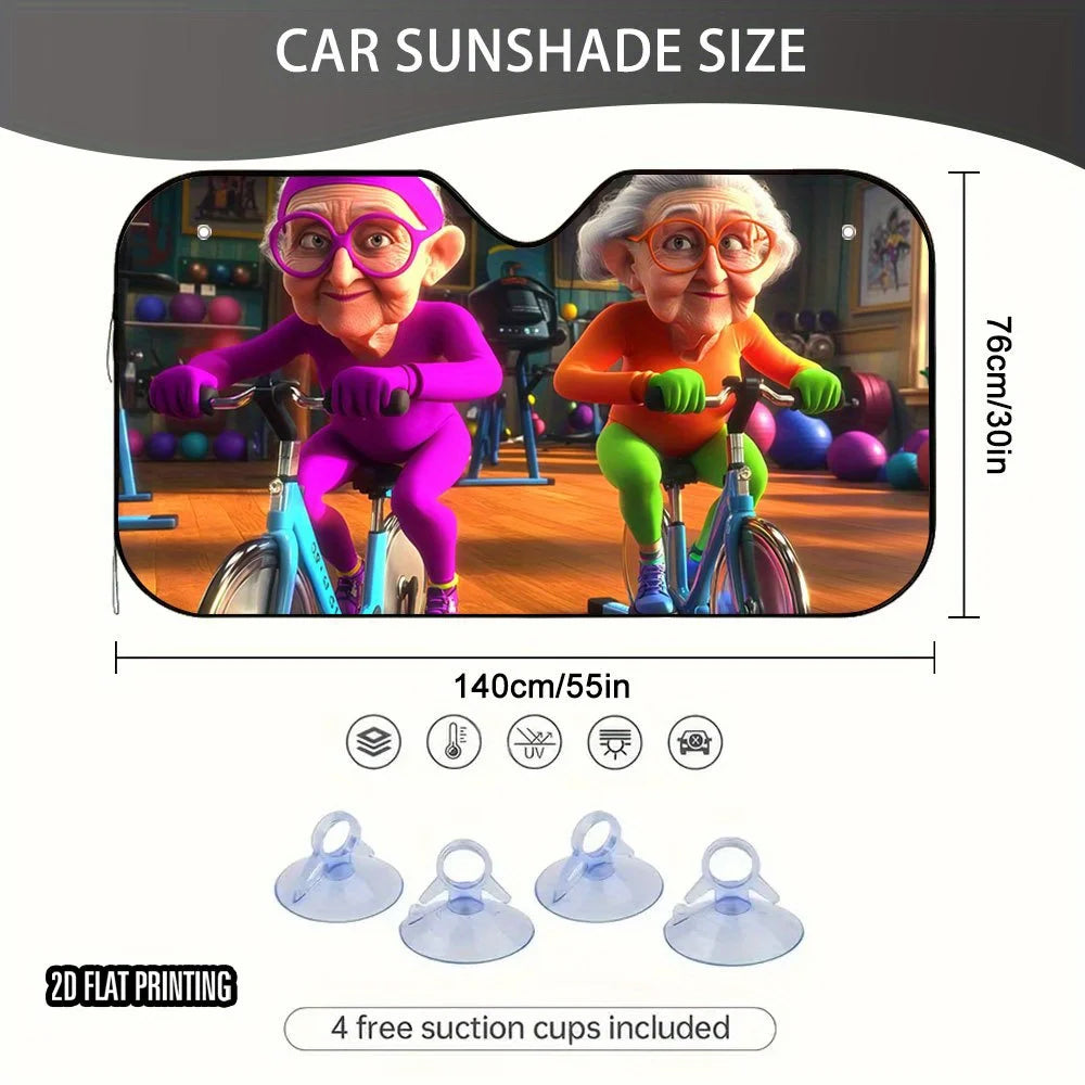 2D Fitness Granny Car Sunshade – Foldable + 4 Suction Cups Car Windshield Sunshade HIP