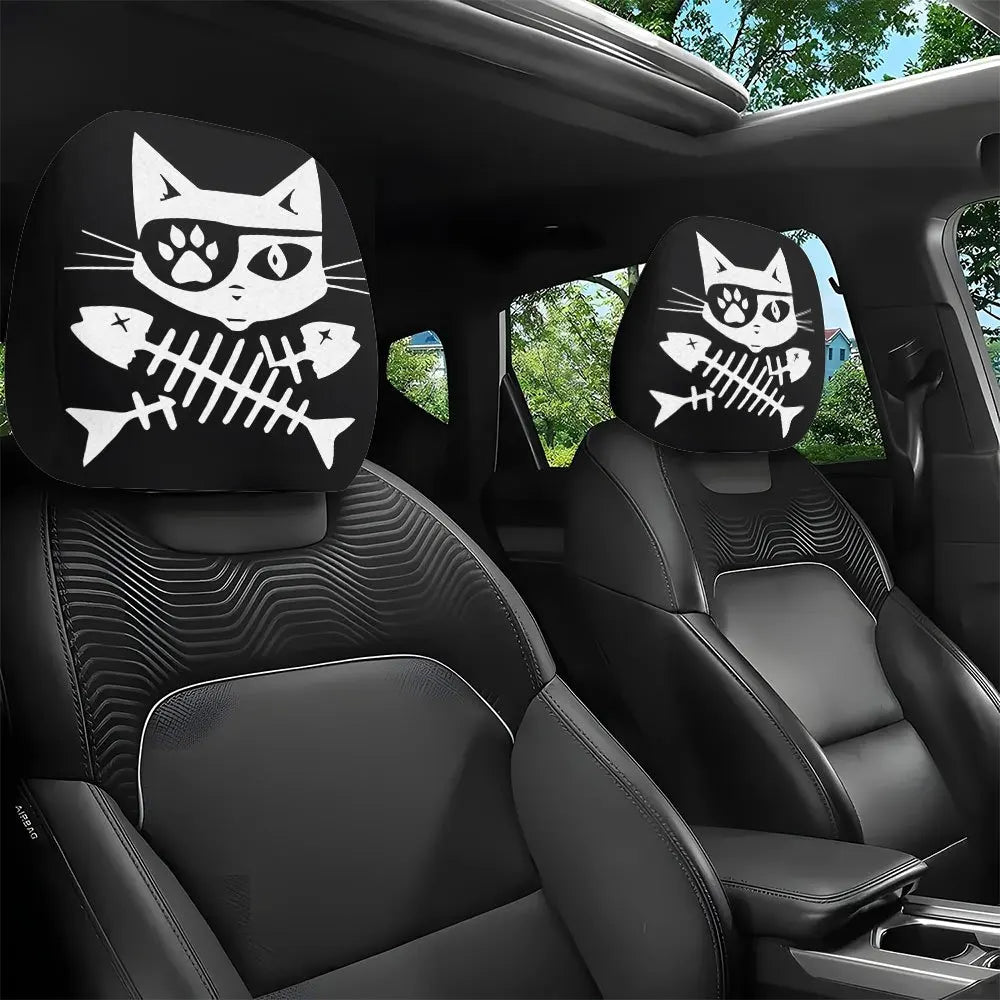 2-Pack Pirate Cat Car Headrest Covers – Washable, Black Car Headrest Cover HIP